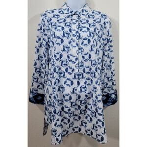 Chico's Blue Tie Dye Shells Henley No Iron Top 2 Large Lightweight New With Tags